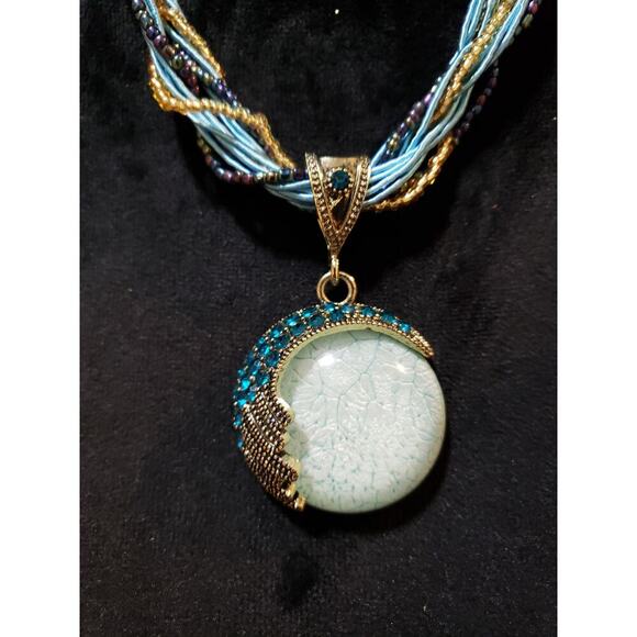 Womens Multilayer Seed Beads Twisted String Crackle Acrylic Pendant Necklace - Picture 3 of 6